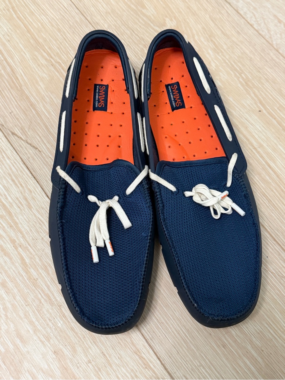 Swims Navy Mesh Boat Shoes with Cream Laces and Orange Insoles